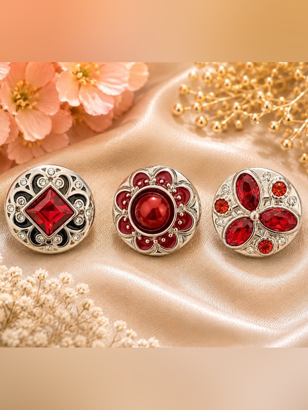 Women's Red Snap Dots for interchangeable  earrings Silver-Tone Accents